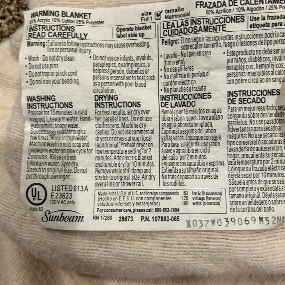 Warming/Electric/Heated Blanket-Full Size Cream/Ivory Bedding Home Comfort